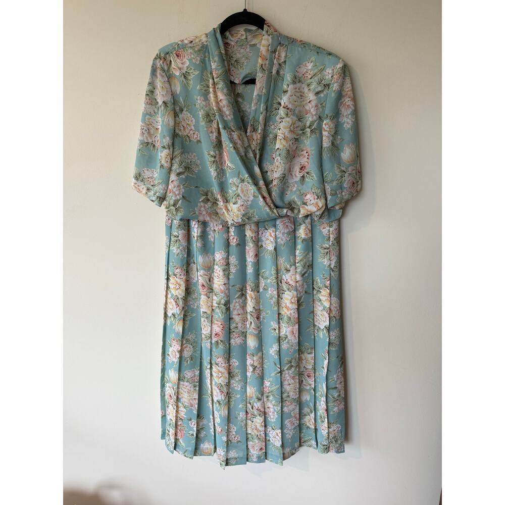 Vintage Panther Floral Blazer Top & Midi Pleated Skirt Green Set Women's Plus 18
